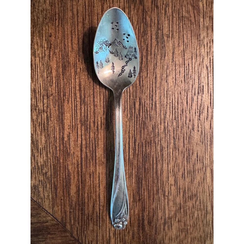 1847 Rogers Bros Silverplate Spoon Hand Stamped Cabin Scene winter wonderland